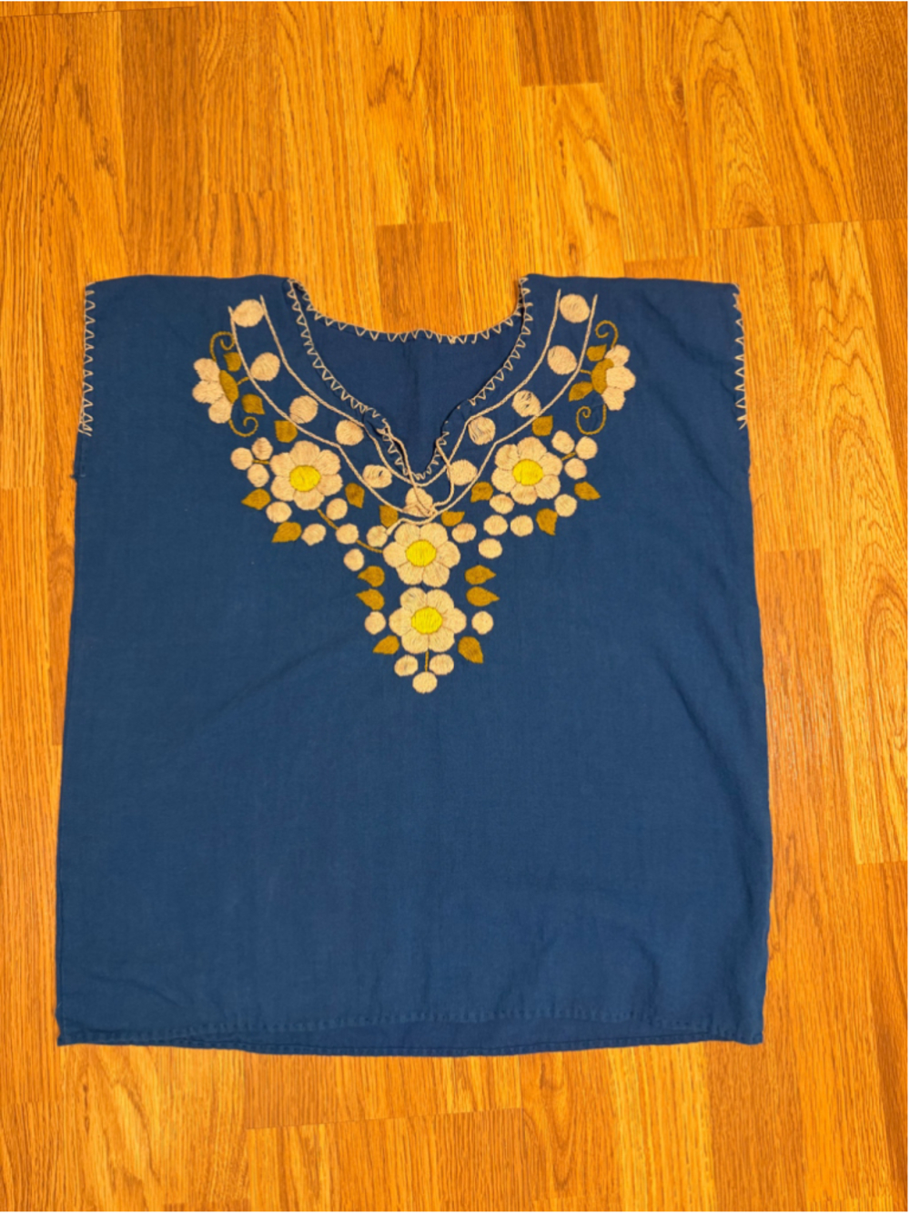 Artisan Hand-Embroidered Floral Blouse Blue White Cotton Size M